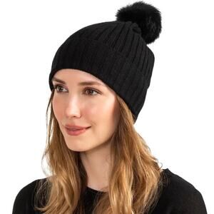 Amicale Cashmere Beanie Ribbed Knit Pom Black New